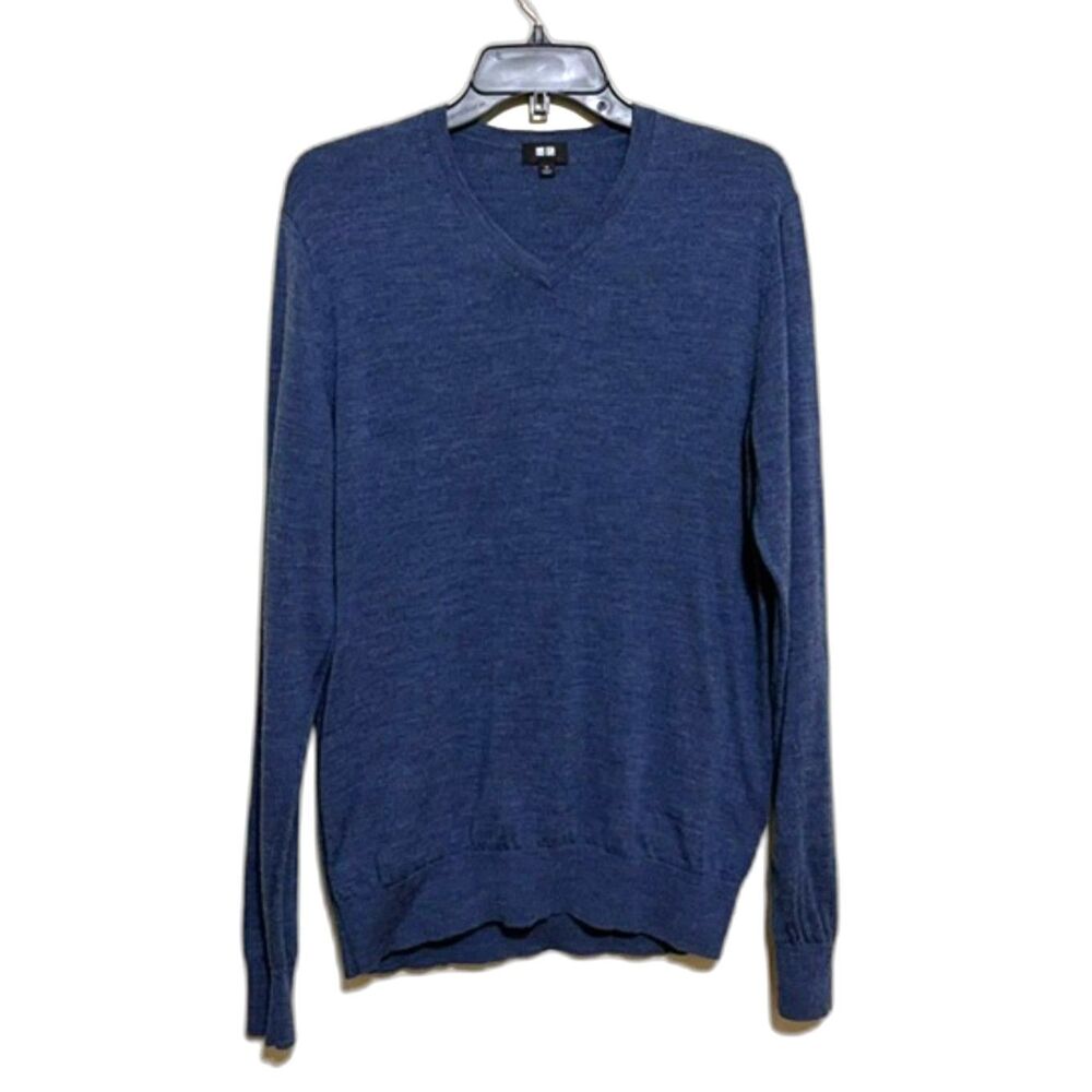 Uniqlo Mens M Blue Pure New Wool V Neck Sweater Woolmark Fine Knit Pullover
